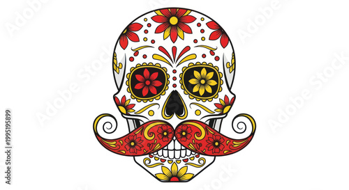 Cuadro en lienzo Dia De Los Muertos Skull with Mustache and Floral Patterns