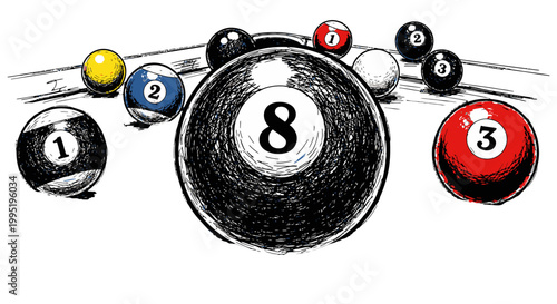 Hand-Drawn Engraved Style Billiard Pool Balls with Prominent Black 8-Ball and Colorful Balls on Textured White Background.