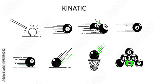 Collection of Kinetic Billiard Icons Illustrating Ball Movement, Impact, and Pocketing Actions on Isolated White Background.