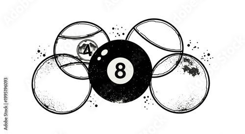 Abstract Black 8-Ball Icon Surrounded by Outline Circles and Splatter Effect on Textured White Background.