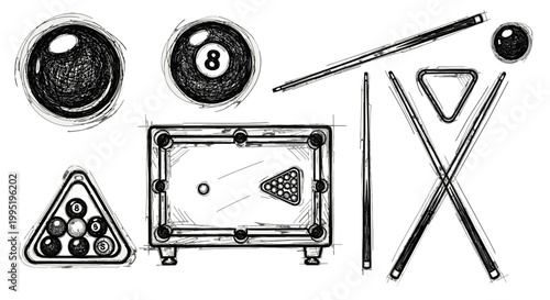 Comprehensive Set of Billiards and Pool Game Equipment Including Balls, Cue Sticks, Table, and Rack on an Isolated White Background