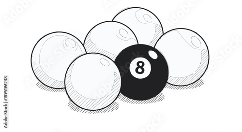 Single Black Billiards Eight Ball Surrounded by White Balls in a Simple Arrangement on an Isolated White Background