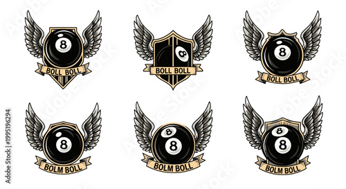 Set of Six Regal 8-Ball Billiard Shield and Wing Emblems in Classic Style, In Bright Studio