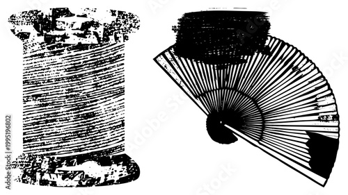 Vintage textile spool and decorative folding fan rendered in distressed, retro print aesthetic, halftone, artisan craft tools.