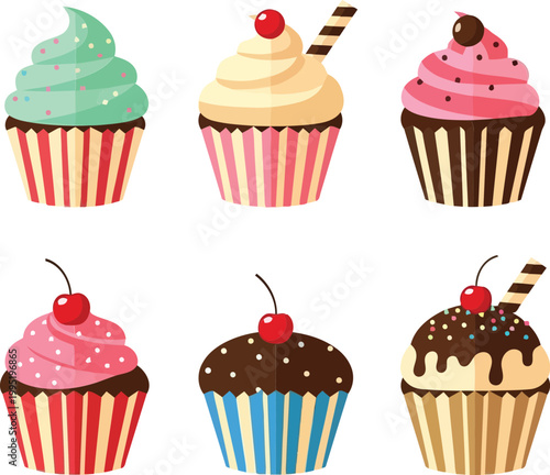 Colorful cupcakes with frosting and toppings