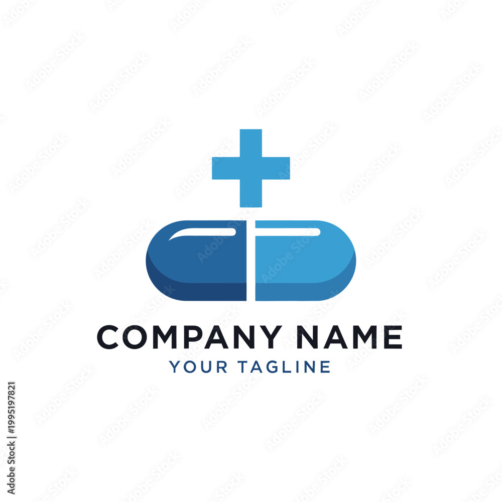 Fototapeta premium Blue Pill with Cross Symbol for Medical Company Logo.
