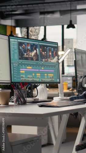 Vertical Video Nobody in agency office, montage editing software, streaming platform, on dual monitors, creative agency working on cutting footage and montage for filmmaking post production. Creative