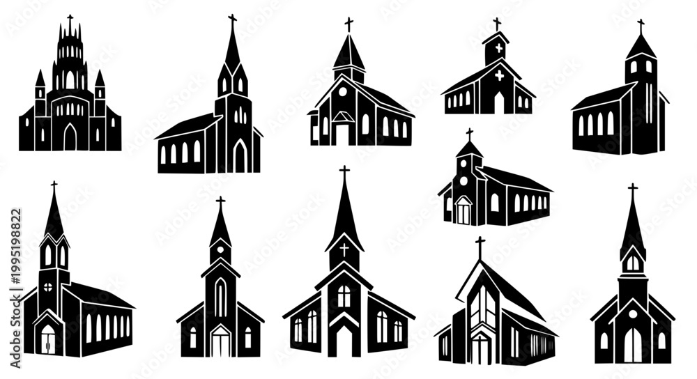 Fototapeta premium Church Silhouette Collection Christian Religious Building Vector Illustration Set