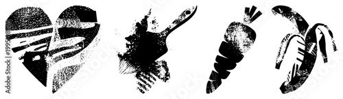 Distressed vector with halftone, gritty textured symbols for design, rough graphic elements, vintage inspired motifs, illustrations.