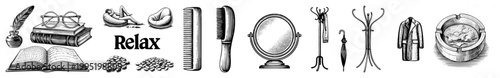 Retro art depicting books, glasses, coffee beans, grooming tools, coat racks, ashtray ideal for journaling, wellness branding, or vintage design projects. Nostalgic clipart.