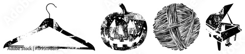 Distressed halftone vector including jack o lantern, coat hanger, yarn skein, piano stylized graphic elements for design, print, or digital use.