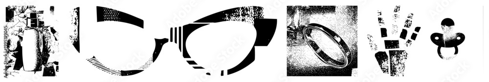Obraz premium Stylized halftone graphic symbols including eyewear, wedding band, peace sign hand, baby soother ideal for print design or digital interfaces.