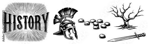 Historical illustration featuring classical antiquity motifs, including a Corinthian helmet, ancient coins, gladius sword, and barren tree evoking archaeology and mythos.
