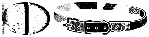 Stylized accessory illustration, pet neckwear graphic, halftone belt design with metallic buckle, vintage print style, vector art.