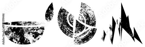 Distressed graphic symbols including a textured bowl, teardrop, spiral motif, and mountain like ideal for edgy branding or punk design aesthetics, cutout style with halftone grain.