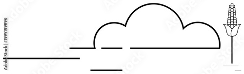 Agriculture, weather, sustainability, food production, nature, minimalism. Black outline of a cloud and corn plant on a white background. Agriculture and food production concept