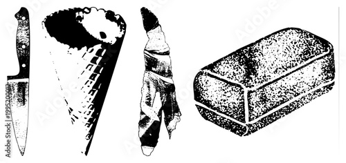 Black and white halftone illustration of culinary items including a kitchen blade, frozen dessert cone, towel, and dairy product block glyph style cutouts for design use.
