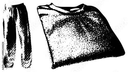 Casual sleepwear set featuring relaxed fit trousers and crewneck tee, depicted in grainy dot also known as pajama bottoms and nightshirt. Ideal for bedding, loungewear design.