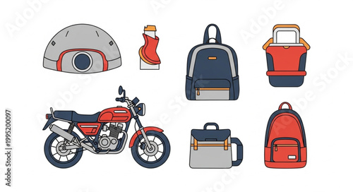 Collection of Travel and Adventure Gear Items Including Backpack Motorcycle and Accessories.