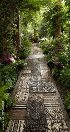 Garden path with mosaic tiles, lush greenery