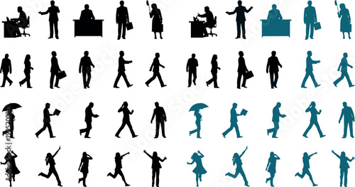 Business people and walking human silhouettes set vector illustration collection office workers movement poses isolated black shadow figures bundle