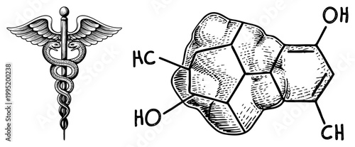 Classic caduceus staff with serpents and wings, alongside organic molecule diagram medical emblem, alchemical, scientific illustration, anatomical sketch.