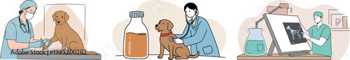 Veterinary care illustration showing a dog getting examined by a veterinarian with a stethoscope in a clinic setting alongside medication bottle and X-ray analysis process