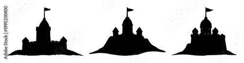 Sand castle set with black silhouette against white background featuring sand, beach, shoreline with silhouette and coastal scenery