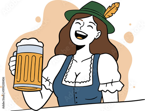 Happy woman in traditional dress cheerfully holding a beer mug against a playful background, celebrating with a bright smile and a feathered hat in a fun, hand drawn style illustration