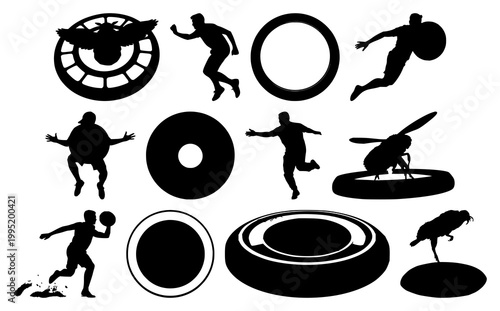 Frisbee set with black silhouette against white background featuring sport, leisure, recreational activity with outdoor and greenery