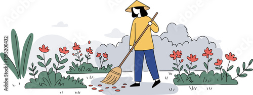Person in straw hat sweeping garden area with colorful flowers and plants, stylized hand drawn illustration with vibrant colors and natural elements in a peaceful outdoor setting