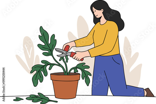 Woman in a yellow sweater trimming a houseplant with scissors in a hand-drawn style, kneeling beside a flower pot with green leaves, surrounded by abstract decorative foliage