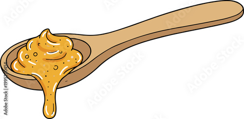 Wooden Spoon with Creamy Honey Dripping Off Hand Drawn Style Illustration on Black Background for Culinary and Food Themes