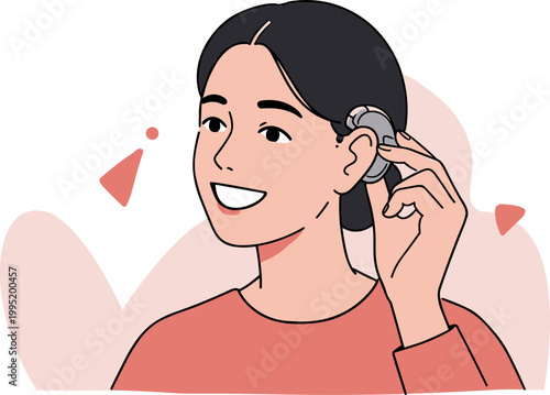 Woman smiling while adjusting her hearing aid, in a hand-drawn style, pink background with abstract shapes, showcasing a warm and approachable expression, enhancing modern technology