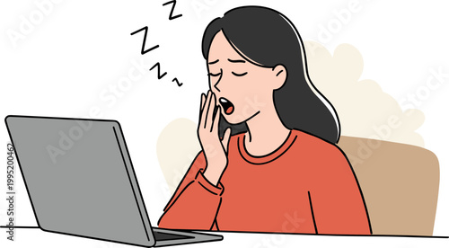 Young woman yawning while sitting at a desk using a laptop in a home setting, hand drawn illustration showing tiredness or boredom in a cozy environment