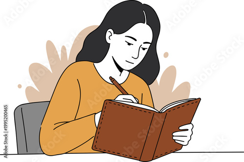 Young woman in casual sweater writing in notebook with brown cover while seated at a table surrounded by abstract shapes in hand drawn style, creative and expressive illustration