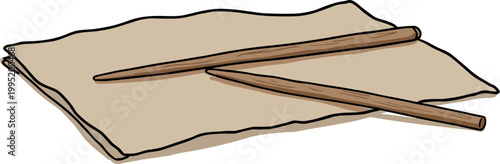 Hand drawn style illustration of two wooden sticks resting on a crumpled sheet of paper, showcasing a simple yet creative composition with natural textures and colors