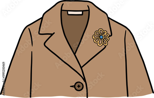 Hand Drawn Stylish Brown Jacket with Flower Brooch on Collar in Minimalist Fashion Design for Apparel and Clothing Graphics