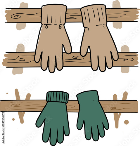 Colorful Hand Drawn Winter Gloves Hanging on a Wooden Rack, Featuring Various Designs and Textures in an Artistic Style on a Black Background