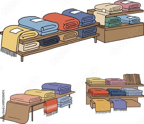 Colorful towels neatly arranged on shelves in a hand-drawn style showcasing various textures, styles, and colors highlighting the organized display in a cozy store interior