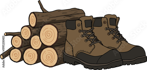 Hand drawn hiking boots beside stacked logs in a forest setting, showcasing rugged outdoor footwear designed for adventure in natural environments and emphasizing functionality and style