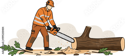 Worker in an orange safety suit using a chainsaw to cut a tree trunk on a worksite with sawdust flying in a hand-drawn style and a cloudy background representing forestry or lumber industry