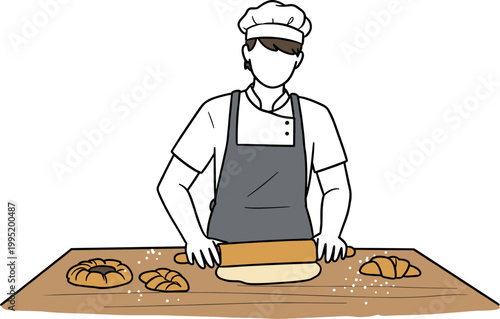 Baker in white apron rolling dough on table with croissants in hand drawn style, surrounded by flour and baked goods, culinary art in professional kitchen setting with focused expression