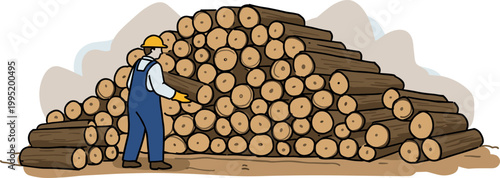 A lumberjack stacking logs in a hand-drawn style illustration with a wooden log pile background showing wood texture and earthy tones while wearing safety gear and gloves for protection