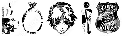 Stylized graphic symbols in halftone coffee cup, engagement ring, manga character, human figure, law enforcement shield ideal for digital design or print.