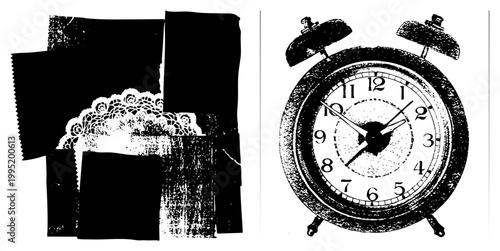 Retro analog alarm clock with classic bells, vintage timepiece, nostalgic wake up device, halftone print style, lace trim accent, black and white illustration.