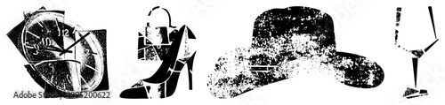 Vintage style vector featuring fragmented clock face, stiletto heel, fedora hat, wine glass distressed halftone graphics ideal for retro branding or punk aesthetic design.