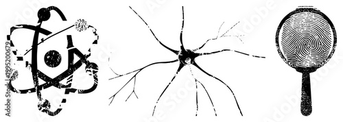 Science symbols collection featuring atomic model, neural cell, and fingerprint ideal for educational graphics, research visuals, or tech branding with gritty texture.