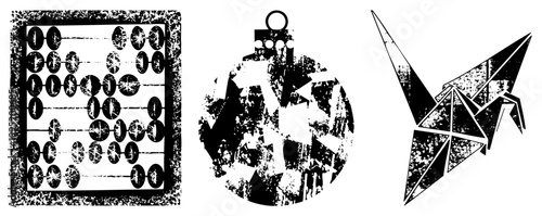 Distressed graphic symbols including counting frame, holiday bauble, paper bird ideal for retro design, vintage branding, or edgy digital art projects.