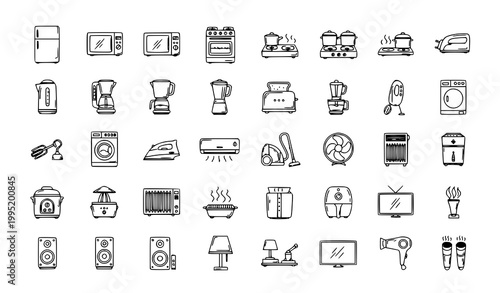 Hand Drawn Home Appliance Thin Line Icon Set Kitchen Electronics Household Vector Collection